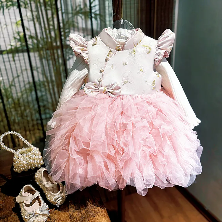 周岁女宝宝礼服秋季新中式唐装粉色婴幼儿蓬蓬纱生日宴抓周公主裙