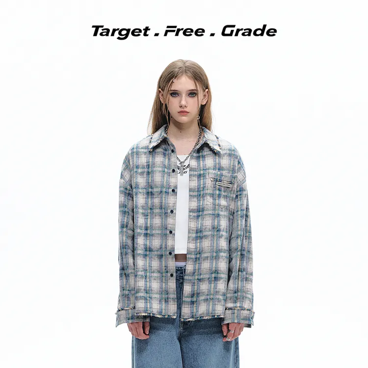 【樊治欣同款】TFG雅痞风宽松情侣毛边落肩格纹蓝色衬衫外套