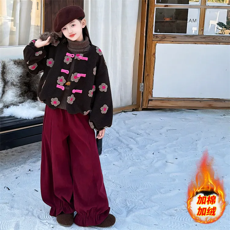 【酷哒仔】女童新中式夹棉加厚棉袄加绒花苞裤子两件套装2025冬季潮