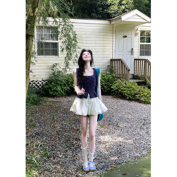 2025新款女士夏季收腰吊带无袖衬衫修身方领木耳边上衣高腰半身裙