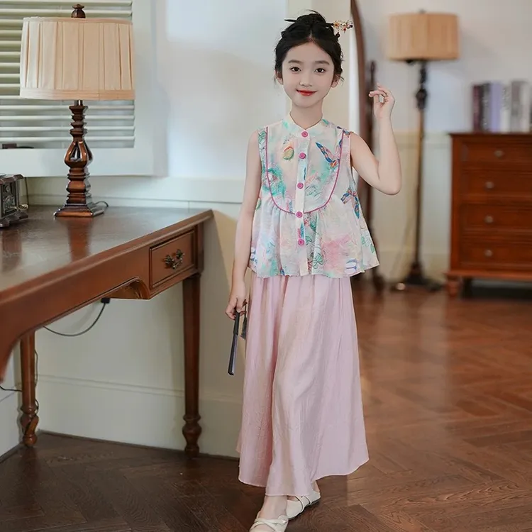 女童国风提花旗袍裙夏季2025新款无袖背心连衣裙新中式盘扣SQ1301