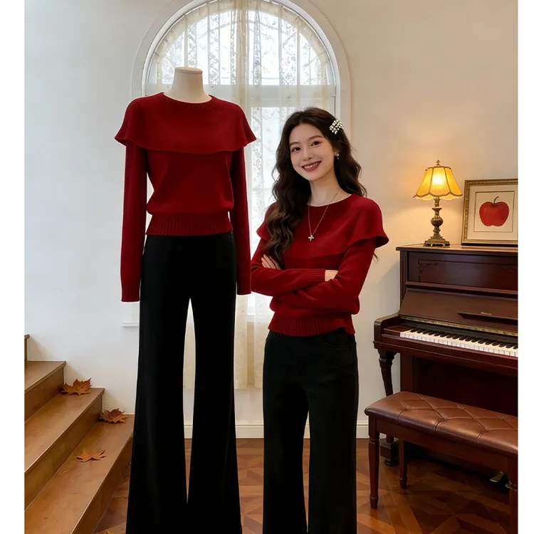 红色软糯套头毛衣女2026秋冬宽松设计感小众荷叶边荷叶边针织上衣