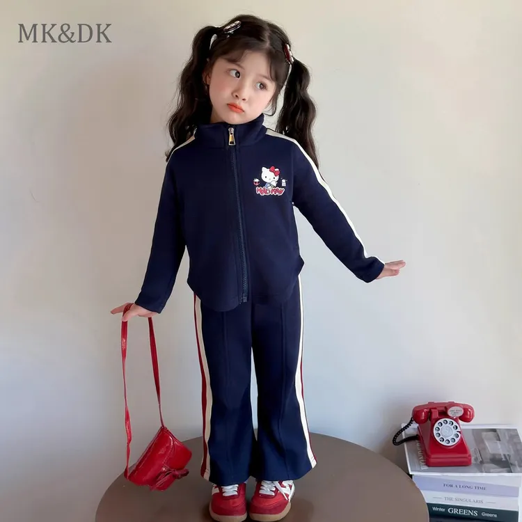 MK&DK女童春秋款套装2025新款儿童洋气卡通猫咪女宝秋装运动套装