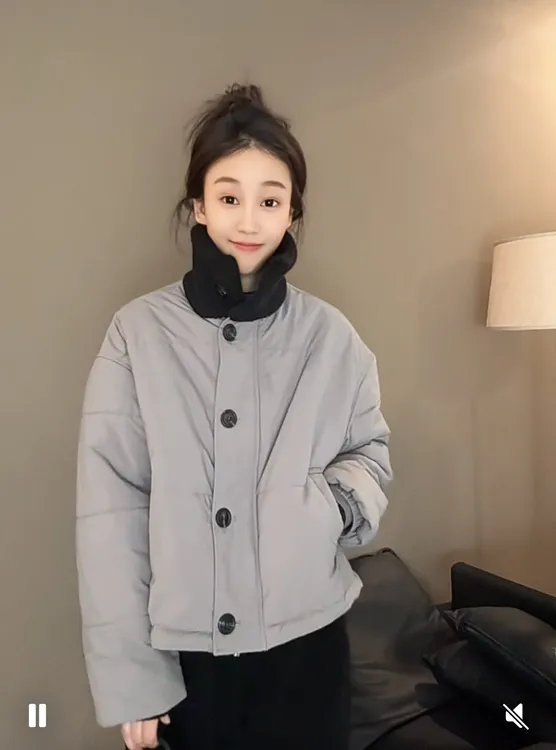 韩版单排扣短款立领针织拼接休闲百搭棉服外套-25347