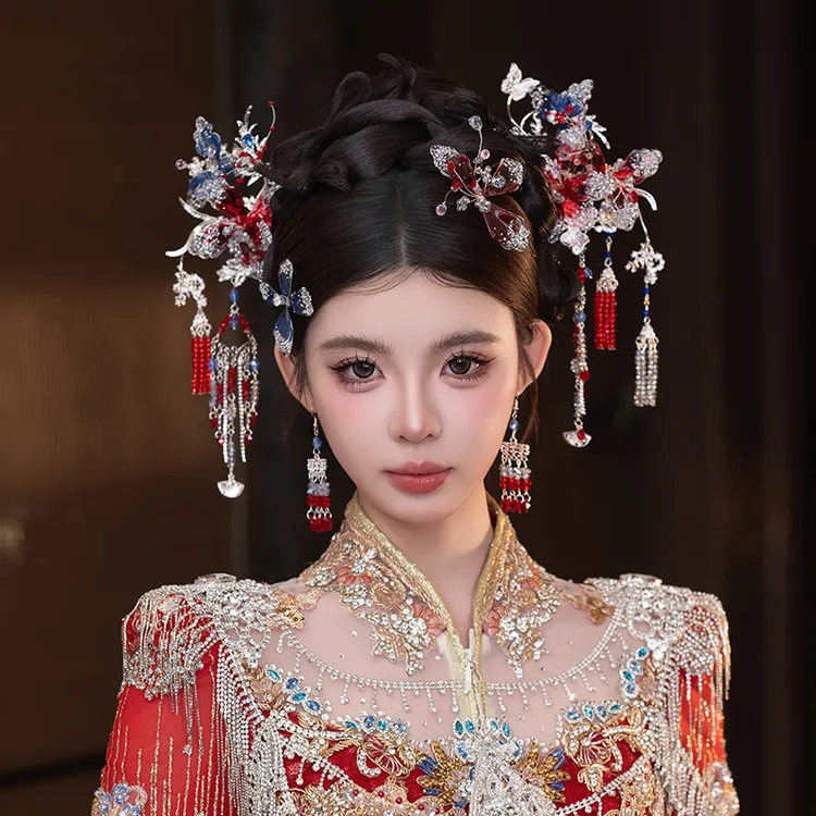 G381新款秀禾头饰高级气质银红蓝步摇发簪新娘汉服婚服结婚发饰