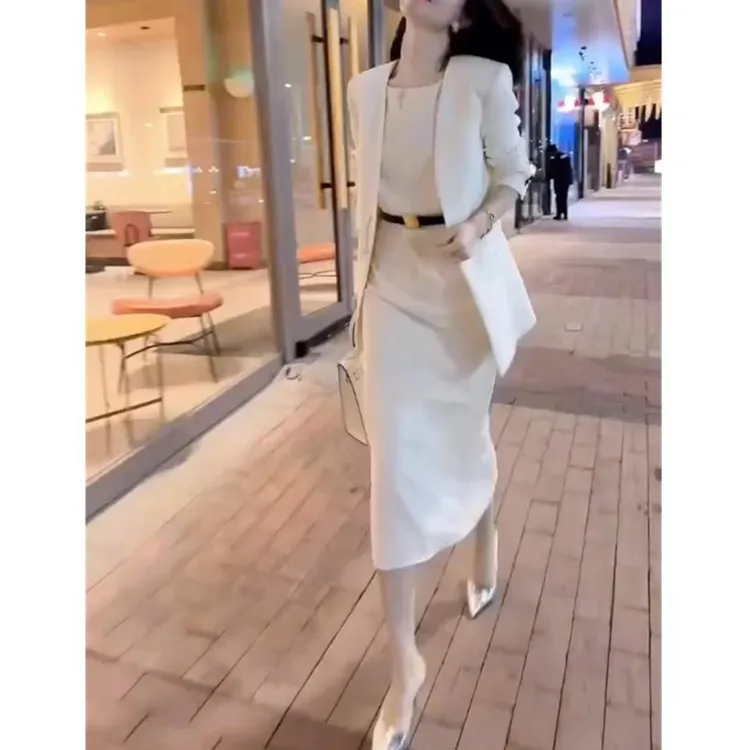 显瘦网红夏季新款时尚气质OL套装裙西装外套+连衣裙两件套女装