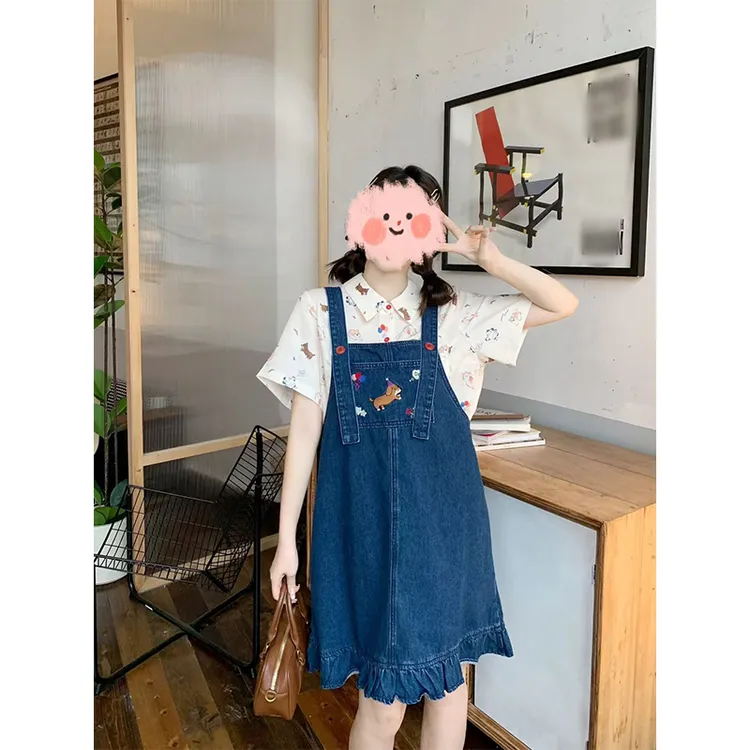 大码早春套装微胖显瘦印花长袖衬衫5763#牛仔裙5766#两件套