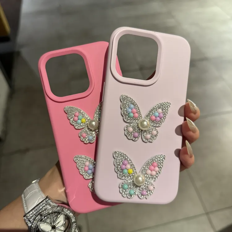 ins彩色珍珠蝴蝶适用苹果16promax手机壳iPhone15时尚14高颜值13