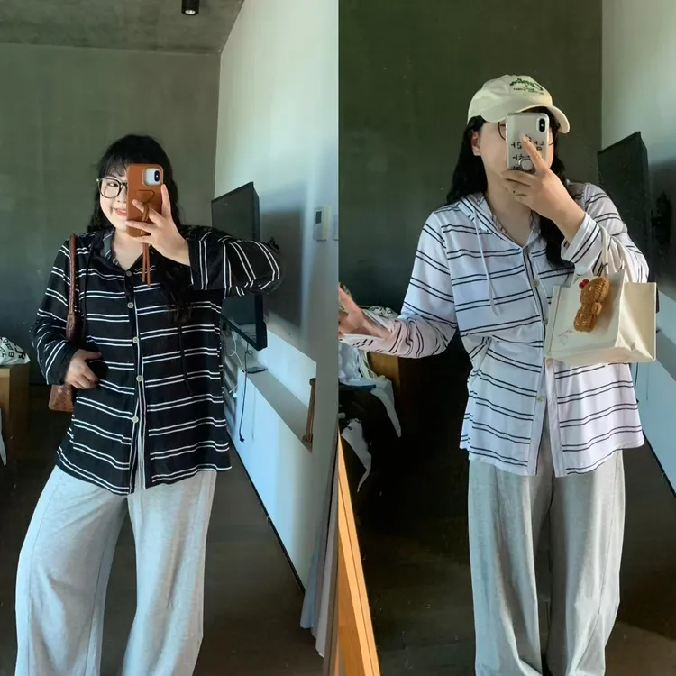 大码胖mm长袖连帽条纹开衫T恤女韩系慵懒防晒衣秋季薄款外套N