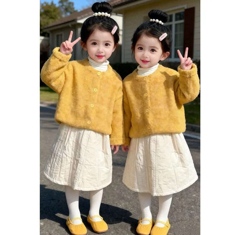 女童毛衣开衫外套加厚冬季25新款韩版儿童小女孩夹棉半身裙姐妹装