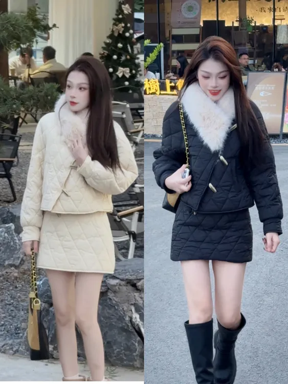 【南洋欧尼】秋冬韩系气质慵懒风显瘦夹棉小个子外套短裙套装女
