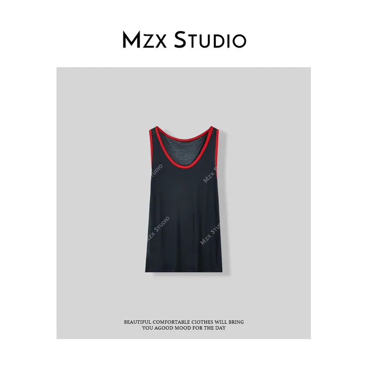 MZX夏季随性简约风蓝撞红无袖背心黑色BX7802-Y