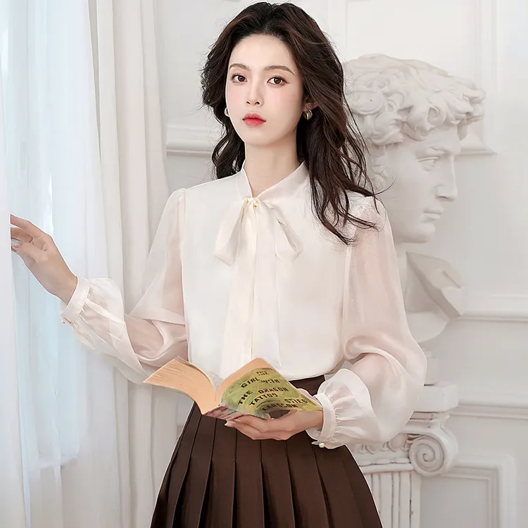 法式优雅蝴蝶结飘带欧根纱衬衫女气质百搭长袖上衣春秋薄款设计感
