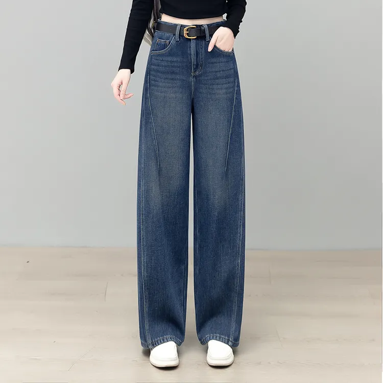 镰刀牛仔阔腿裤女2025年春秋季新款高腰宽松小个子窄版直筒香蕉裤
