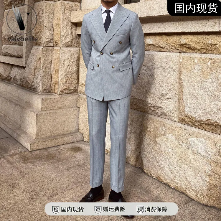 VALVOELITE意式那不勒斯枪驳领条纹暗纹修身西服套装男英伦西装