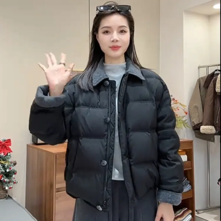 拼接撞色翻领棉服女2025冬季新款短款加厚保暖设计感小个子外套潮