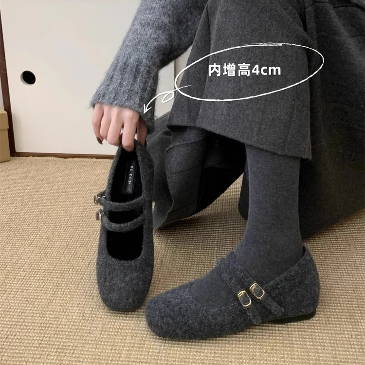 内增高4cm玛丽珍毛毛鞋女冬新款法式灰色呢子单鞋女厚底加绒棉鞋