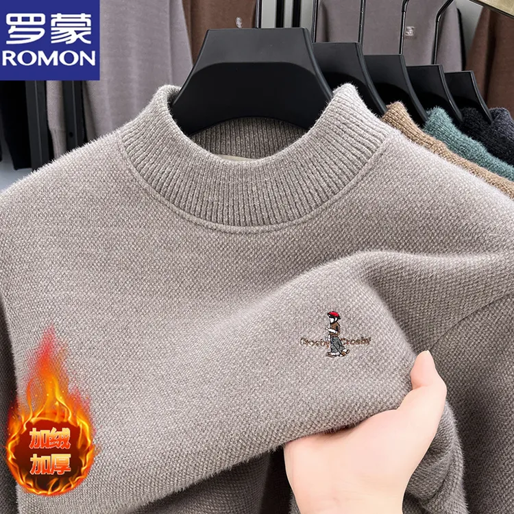 罗蒙加绒加厚毛衣男士秋冬季新款圆领刺绣针织打底衫休闲套头毛衣