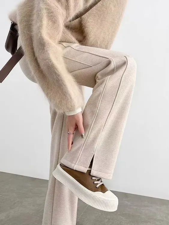 人字纹毛呢阔腿裤女秋冬季2025新款开叉直筒加厚窄版香蕉裤