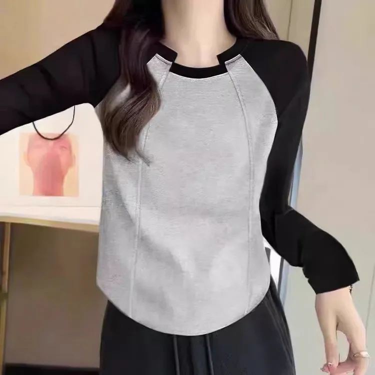 撞色拼接插肩袖正肩T恤女打底衫春秋内搭不规则百搭上衣黑拼灰光