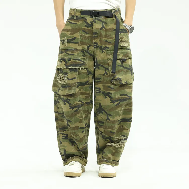 Vicwm2025（陈先生设计款）美式复古破洞多口袋迷彩潮牌宽松弯刀牛