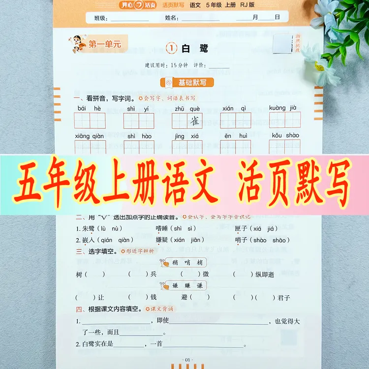五年级上册语文活页默写人教部编版语文看拼音生字句子同步练习册