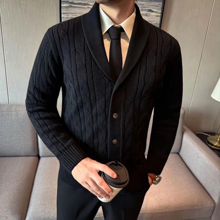 英伦绅士儒雅针织开衫外套男高端加厚绞花纹理青果领商务休闲毛衣