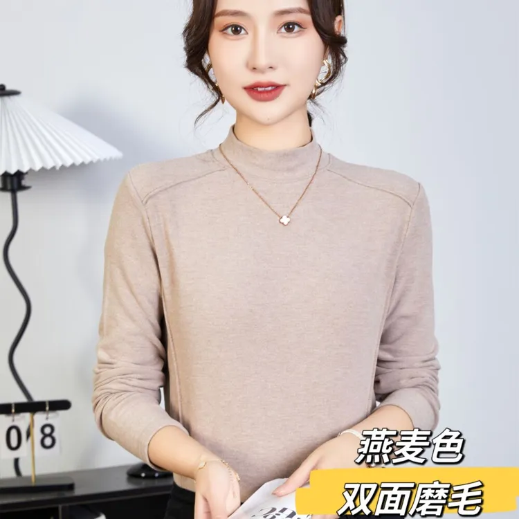 高品质3合1双面澳绒设计感肩线长袖显瘦纯色打底衫T恤内搭3027