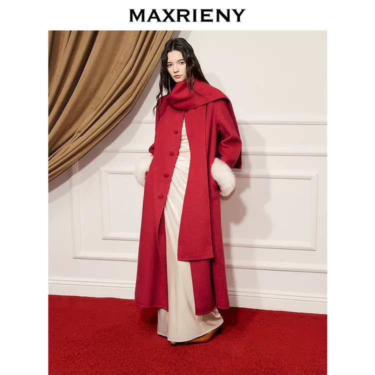 [商场同款]MAXRIENY节庆穿搭羊毛大衣超长款狐狸毛袖围巾毛呢外套