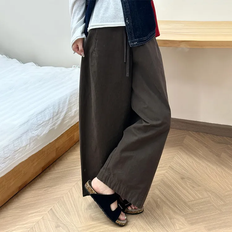 韩系复古直筒阔腿休闲裤女小个子梨型身材宽松遮胯显瘦咖色九分裤