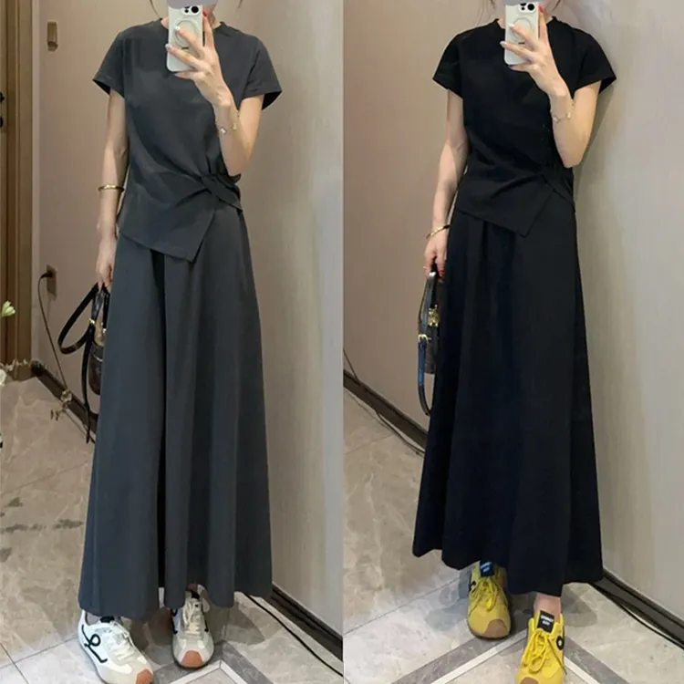 香朵儿圆领短袖纯色半身裙套装女2025夏季新款网红流行洋气套装