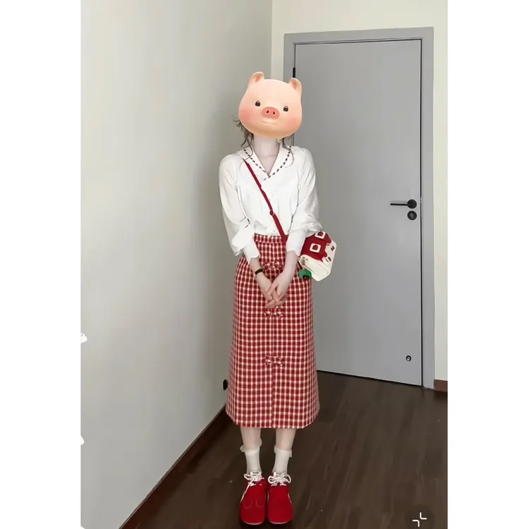 大码【白日梦我】复古绣花蝴蝶结蕾丝小衫格子半身裙气质甜美穿搭