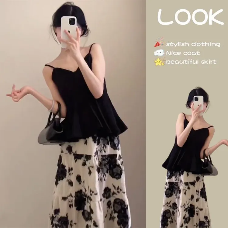 法式浪漫度假高级感套装女2025夏季新款吊带上衣花色半身裙两件套