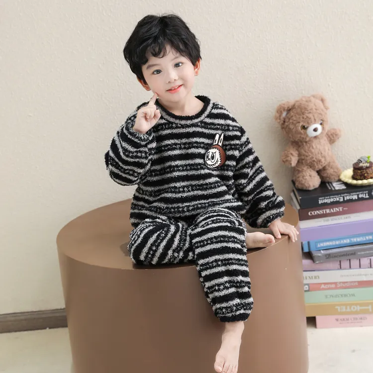 男童睡衣家居服2025新款秋冬宝宝珊瑚绒条纹套装儿童法兰绒居家服