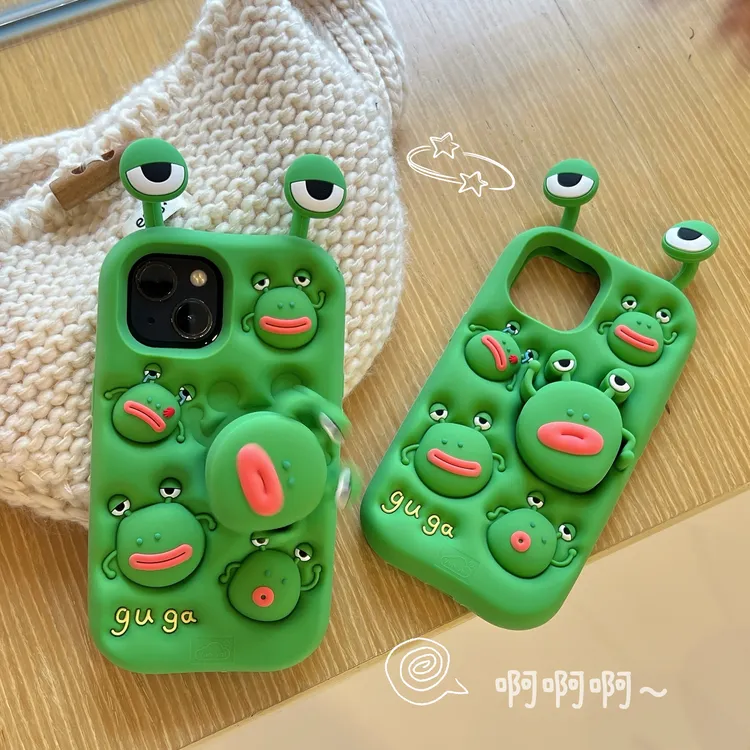 适用苹果华为|旋转青蛙支架可爱适用iPhone17p创意解压硅胶手机壳