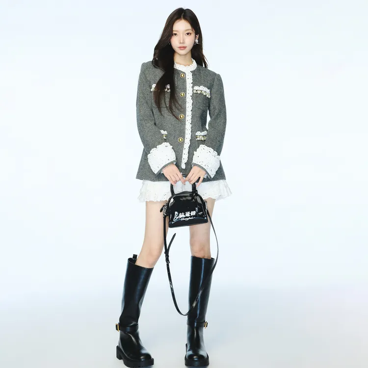 【沈月同款】LEFAME/拉飞姆2025秋季新品人字呢钉珠浪漫宫廷风大衣