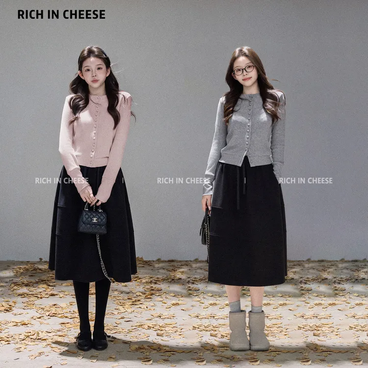 金川川 韩女法则 少女秋冬高级圆领单排扣纽扣显瘦针织开衫上衣