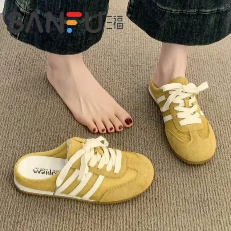 三福真皮包头半拖鞋女夏季外穿2025网面透气德训鞋懒人一脚蹬凉拖