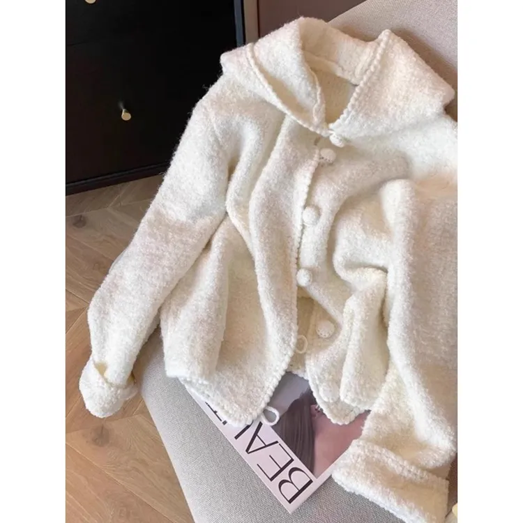 新品韩系复古米白色连帽开衫毛衣女秋冬慵懒显瘦软糯长袖针织外套