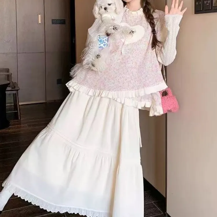 韩系甜美三件套女2025夏新款爱心木耳边马甲打底衫半身裙套装