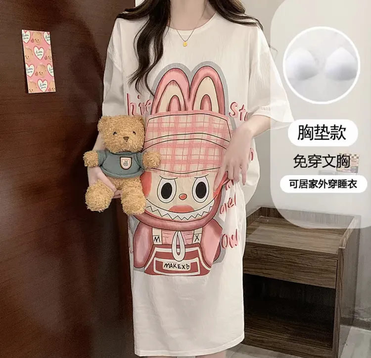 带胸垫云朵棉睡裙夏季睡衣女士短袖宽松卡通可外穿家居服1045