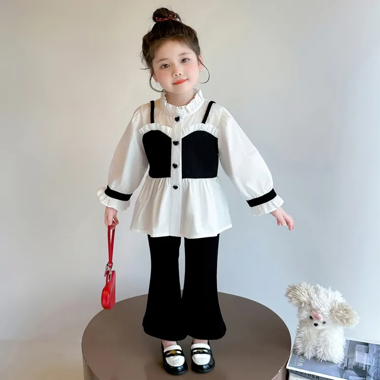 女童小香风套装儿童洋气时髦花边衬衫喇叭裤两件套小女孩宝宝秋装