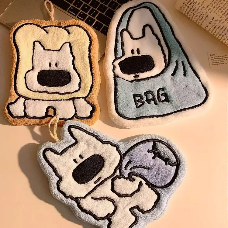 可爱小狗擦手巾挂式吸水加厚毛巾手帕珊瑚绒手巾厨房卫生间yw