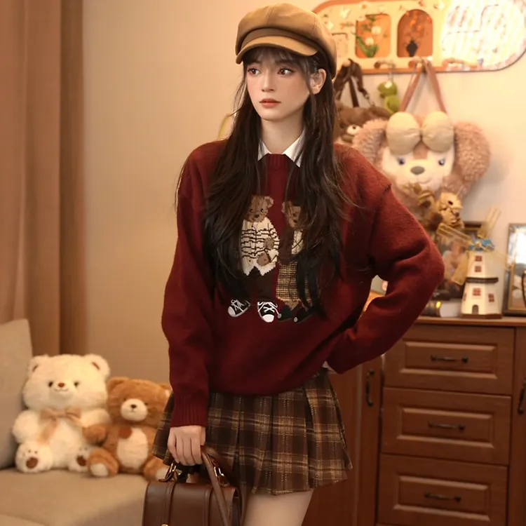 复古小熊提花针织衫女春秋冬2025新款休闲百搭宽松圆领卡通毛衣