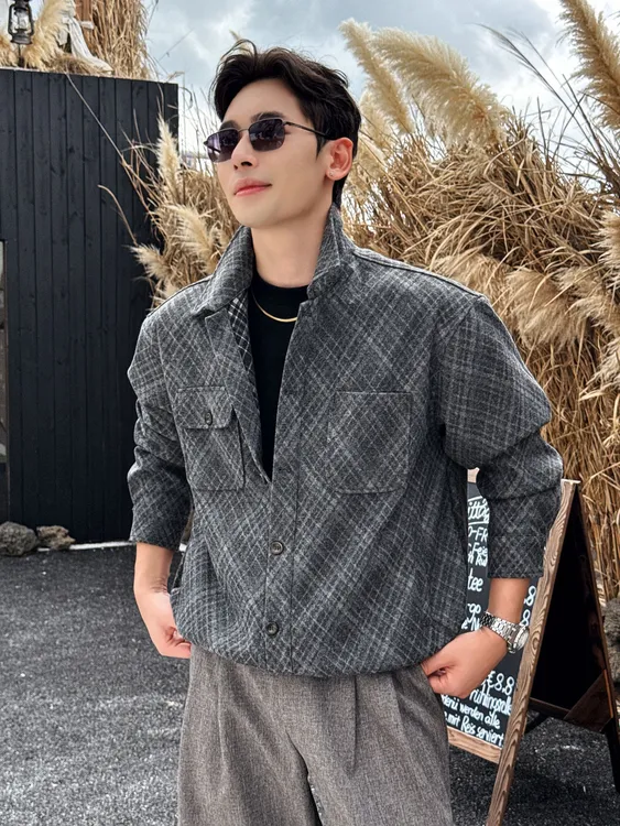 Kam Tin「菱形格艺术设计」秋冬复古撞色毛呢质感翻领宽松夹克外套