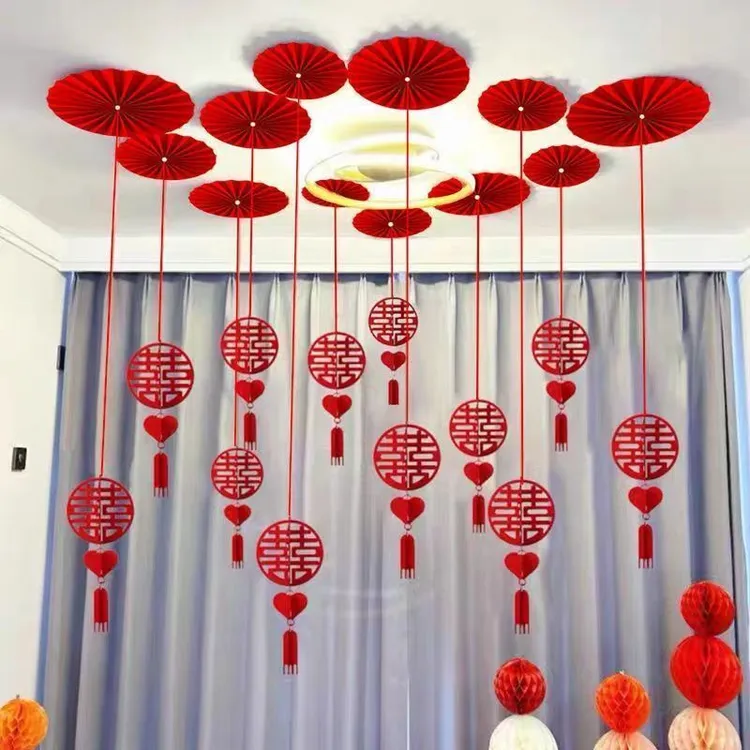 婚房装饰布置客厅卧室结婚装饰男女方吊顶布置天花板扇花喜字配饰