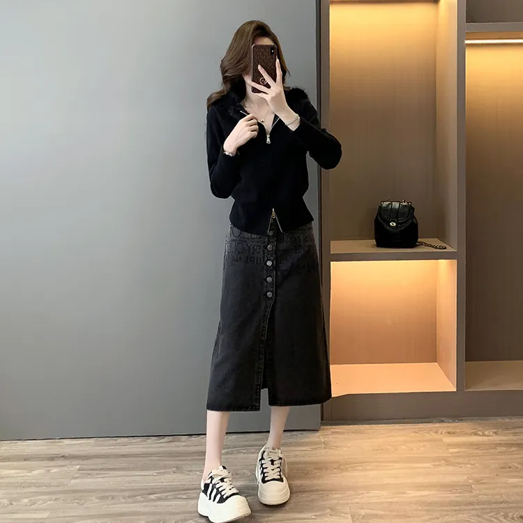 双拉链连帽针织女开衫外套秋冬加厚毛衣上衣中长款开叉牛仔半身裙