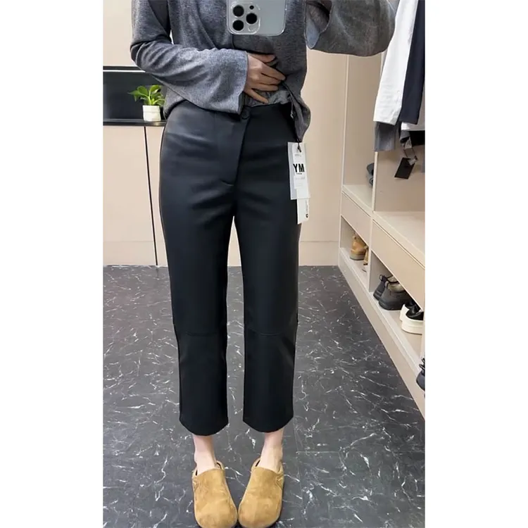 萱贝纯黑色修身百搭直筒休闲裤2025秋冬新款高腰显瘦九分薄绒皮裤