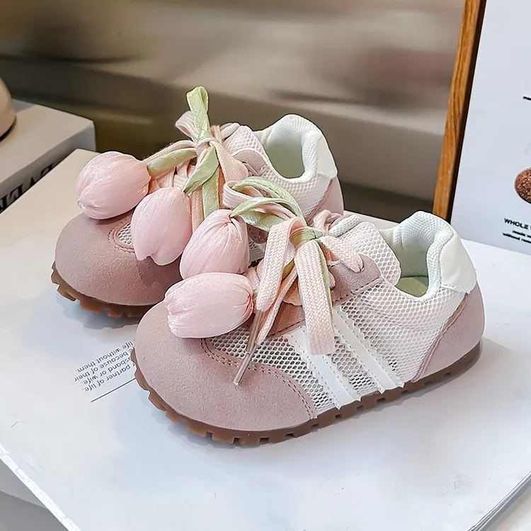 儿童纯色运动鞋2025年夏季可爱鞋带小多花休闲鞋学院风跑步鞋童鞋