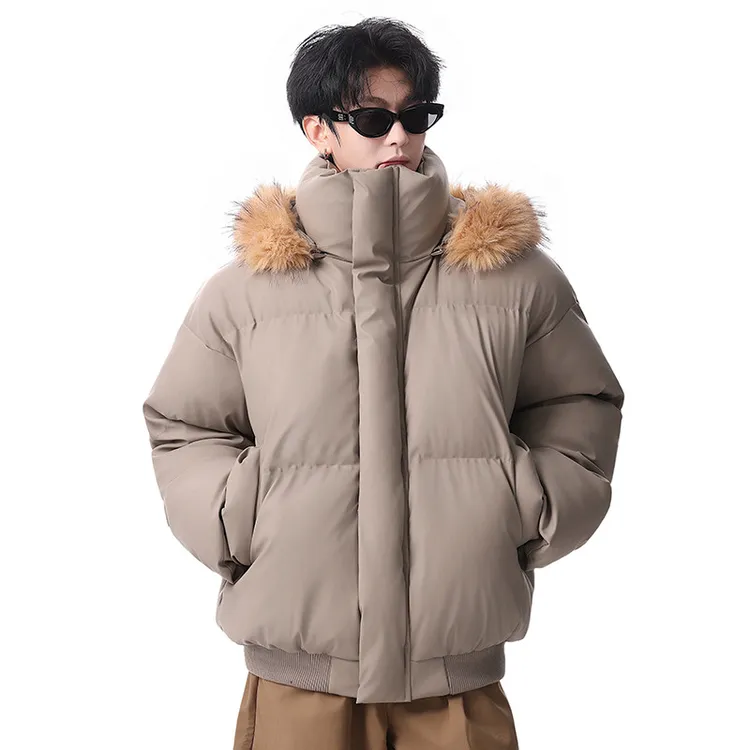 美式复古连帽毛领PU皮棉服男女同款保暖加厚棉衣面包服